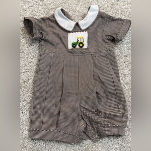 Brown Checkered Kids One Piece with Tractor Design